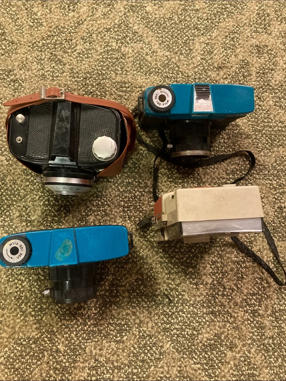 4 vintage film cameras plastic cycle up decor shelf pieces props as is